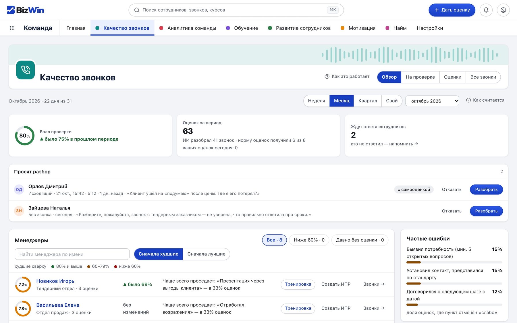 BizWin Команда: качество звонков — балл проверки, оценки за период и кто просит разбор